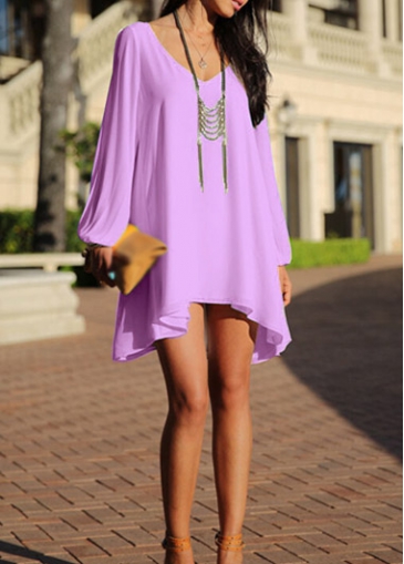 Slit Long Sleeve V Neck Purple Straight Chiffon Dress