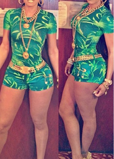 Green Short Sleeve Round Neck Printed Skinny Romper