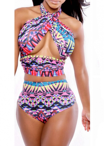 Multicolored Cross Wrap Halter Two Pieces Swimsuit