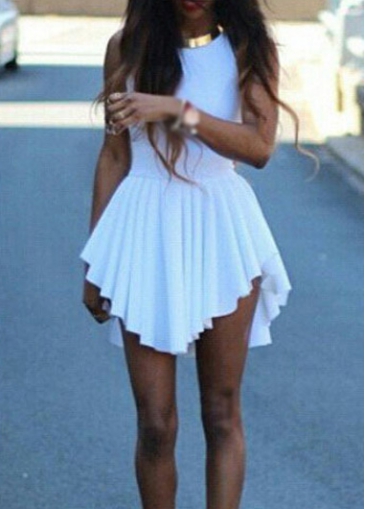 White Sleeveless Asymmetrical Pleated Flare Dress