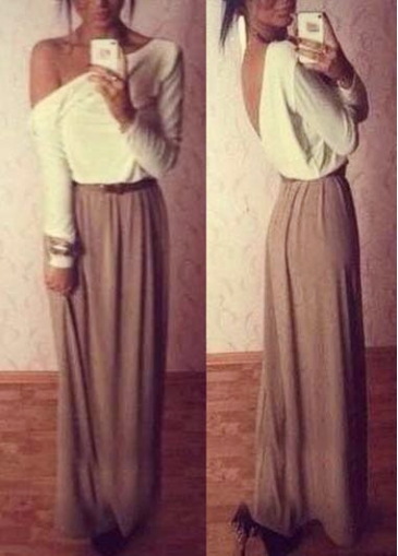 Two Tone Color V Back Long Sleeve Maxi Dress