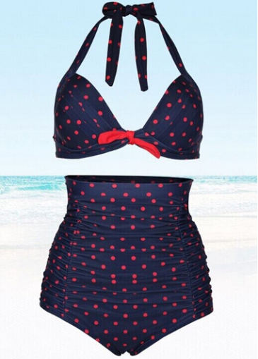 Blue Fold Design Polka Dot Printed Swimwear