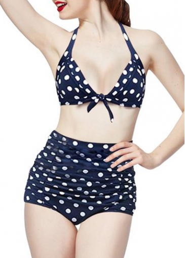 Navy Blue High Waist Push Up Dot Print Two Piece Swimwear