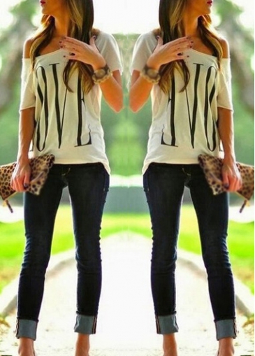Letter Print Off the Shoulder White Tee