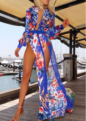 Double Side Slit Printed Chiffon Maxi Dress