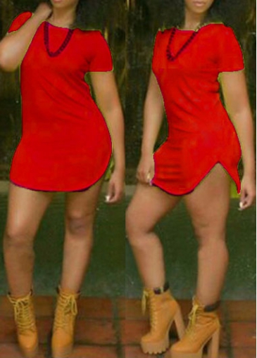 Double Side Slit Round Neck Red Dress