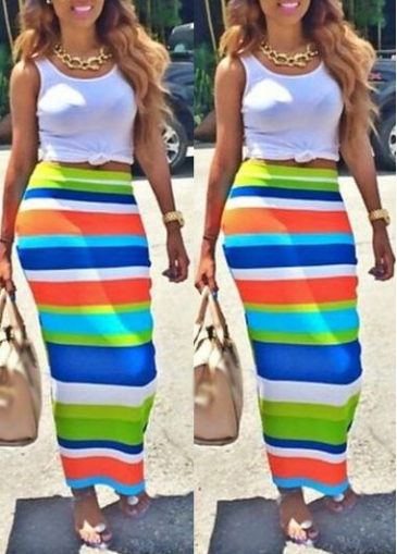 White Crop Top and Stripe Print Long Skirt Set