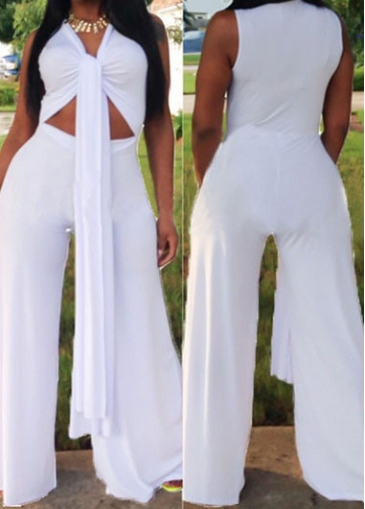 Cutout Waist Solid White V Neck Jumpsuit