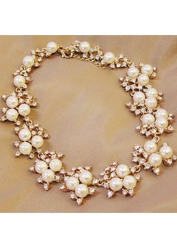 Golden Rhinestone Decorated Faux Pearl Necklace