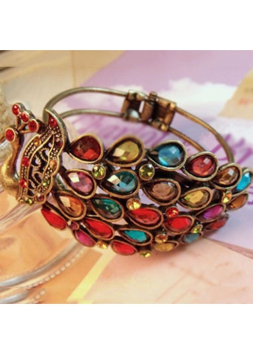 Multicolored Diamond Peacock Shape Metal Bracelet