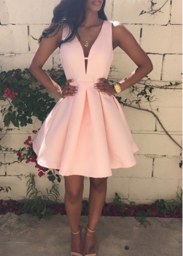 V Back Sleeveless V Neck Pink A Line Dress