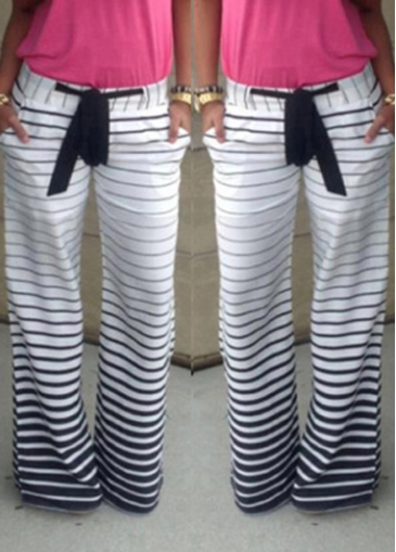 Stripe Print Drawstring Waist Black and White Pants
