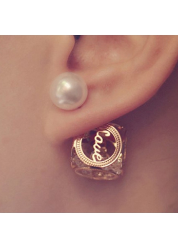Hollow Cube Love Zircon Pearl Gold Earrings