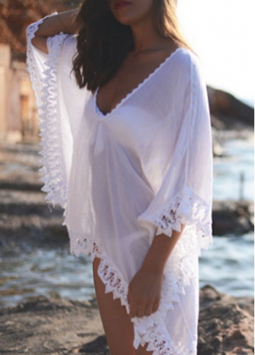 Semi Sheer Lace Patchwork White Bikini Cover Up