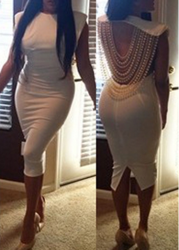 Open Back Solid White Pearl Embellished Sheath Dress