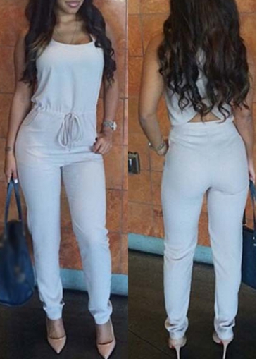 Drawstring Waist White Hollow Back Jumpsuit