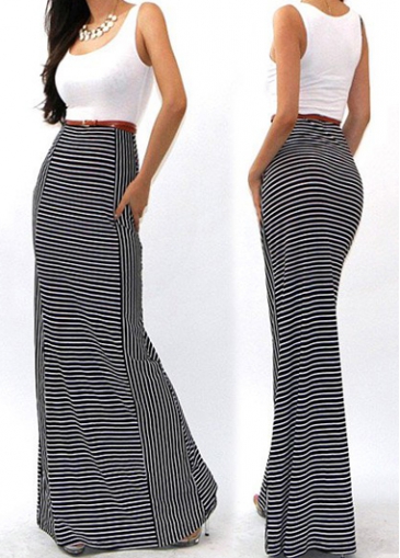 Round Neck High Waist Striped Maxi Dress