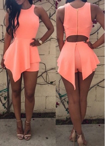 Sleeveless Hollow Waist Ruffle Decorated Pink Romper