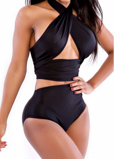 High Waist Black Halter Two Piece Swimsuit