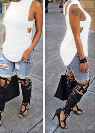 Hollow Back Asymmetric Solid White Loose Tank