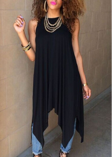 Round Neck Asymmetric Solid Black Straight Dress