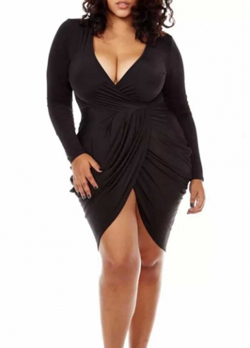 Long Sleeve Deep V Neck Black Asymmetric Dress