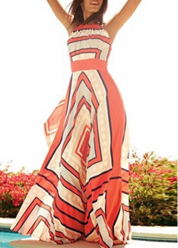 Scarf Print Strappy Red Chiffon Maxi Dress