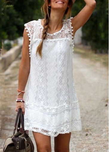 Cap Sleeve Solid White Round Neck Lace Straight Dress