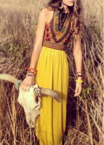 Yellow Chiffon Round Neck Totem Printed Maxi Dress