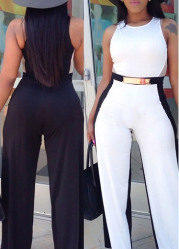 Sleeveless White and Black Straight Jumpsuit