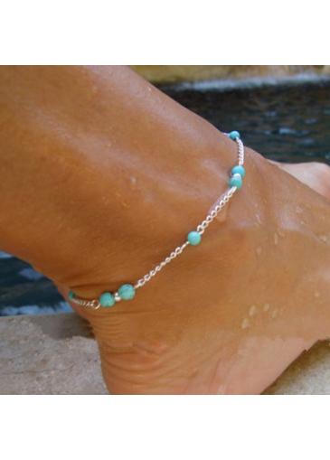 Blue Bead Embellished Silver Metal Anklet