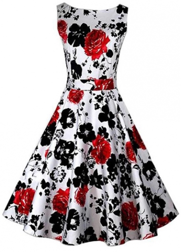 Vintage Black and Red Flower Print Dress