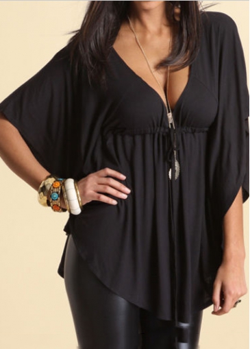 Black Batwing Sleeve Plunging V Neck Asymmetric Blouse