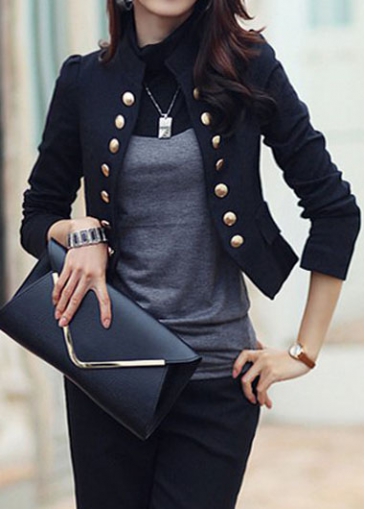 Black Pocket Decorated Double Breasted Blazer