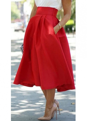 Red Pockets Decorated Pleated Mid Calf Skirt