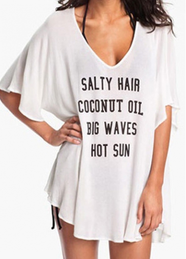 Plunging Neckline Half Sleeve Printed Cover Up 