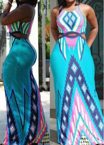 Cutout Waist Geometric Print Open Back Maxi Dress