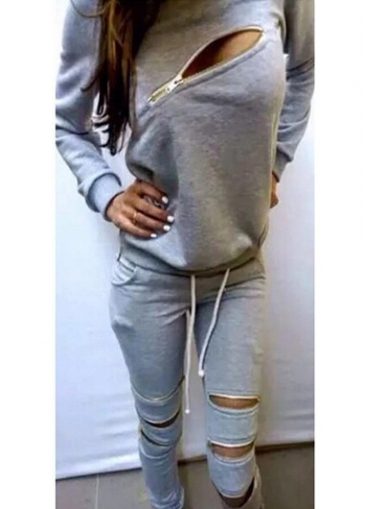 Grey Long Sleeve Round Neck Two Piece Jumpsuit