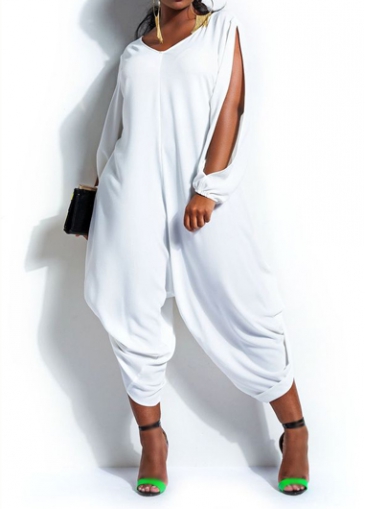 V Neck Long Slit Sleeve White Jumpsuit