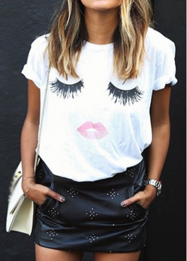 Round Neck Eye and Lip Print T Shirt