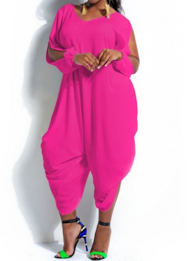Slit Sleeve V Neck Rose Loose Jumpsuit