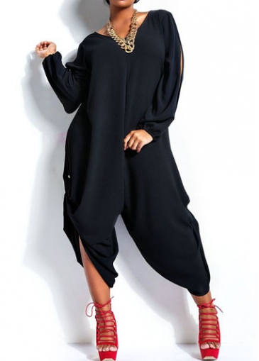 V Neck Slit Sleeve Black Loose Jumpsuit