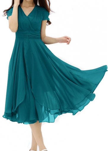 Layered Mid Calf Cap Sleeve Chiffon Wrap Dress
