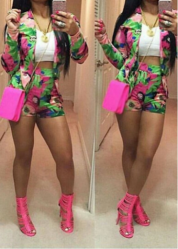 Flower Print Long Sleeve Top and Shorts