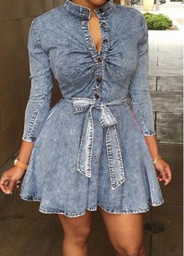 Stand Collar Button Closure Denim Dress