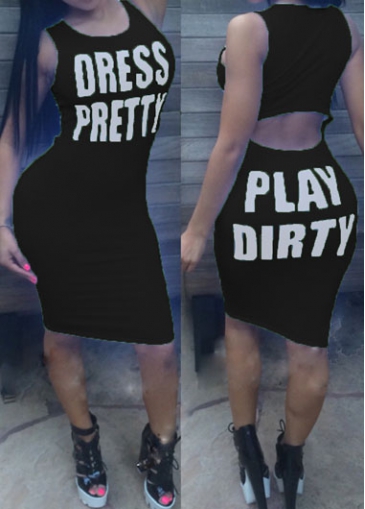 Letter Print Black Bodycon Tank Dress