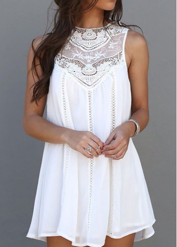 White Round Neck Straight Chiffon Dress