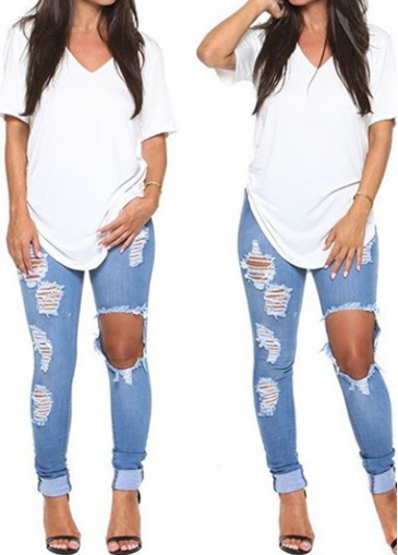 White V Neck Curved Loose T Shirt