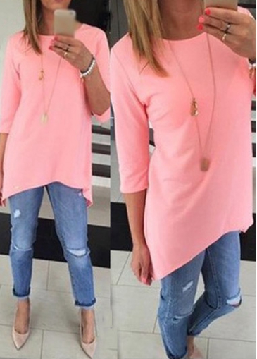 Round Neck Asymmetric Pink Long T Shirt