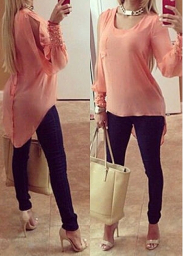 Slit Sleeve Round Neck Pink Asymmetric Blouse